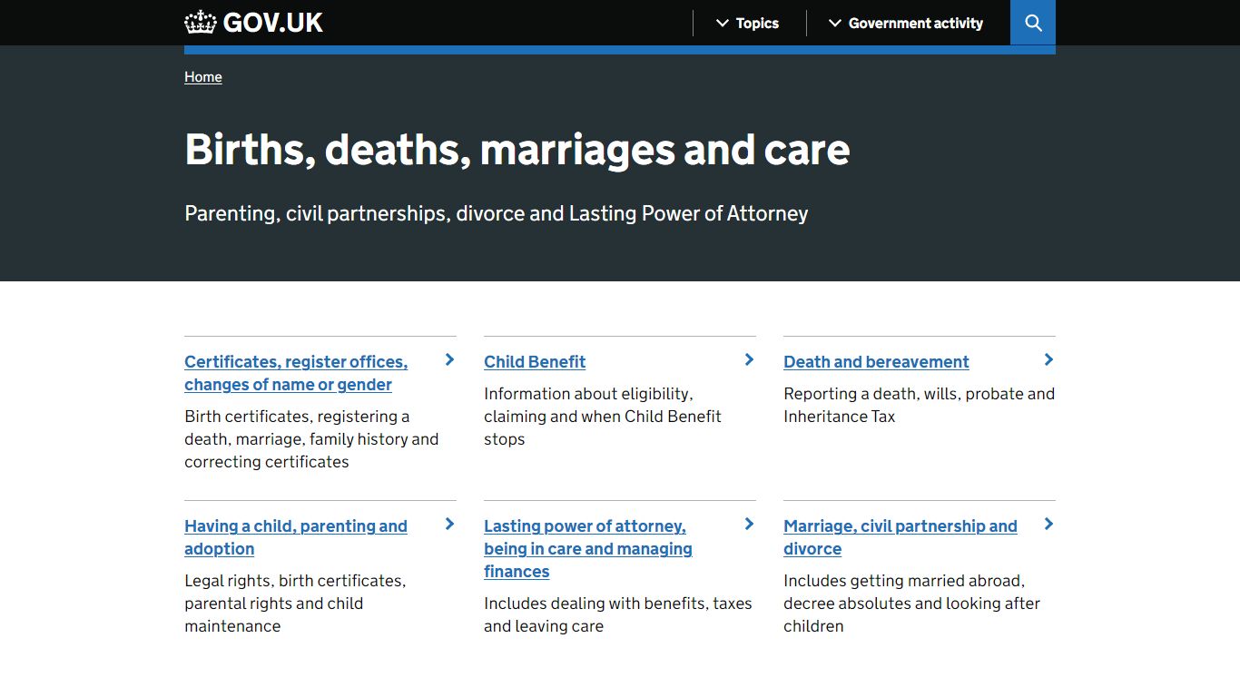 Births, deaths, marriages and care - GOV.UK